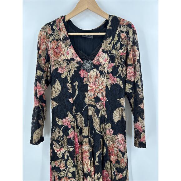 Vintage 90s Starina Dress Womens M Floral Lace Broche Grunge Fairy Maxi Romantic - Picture 4 of 10